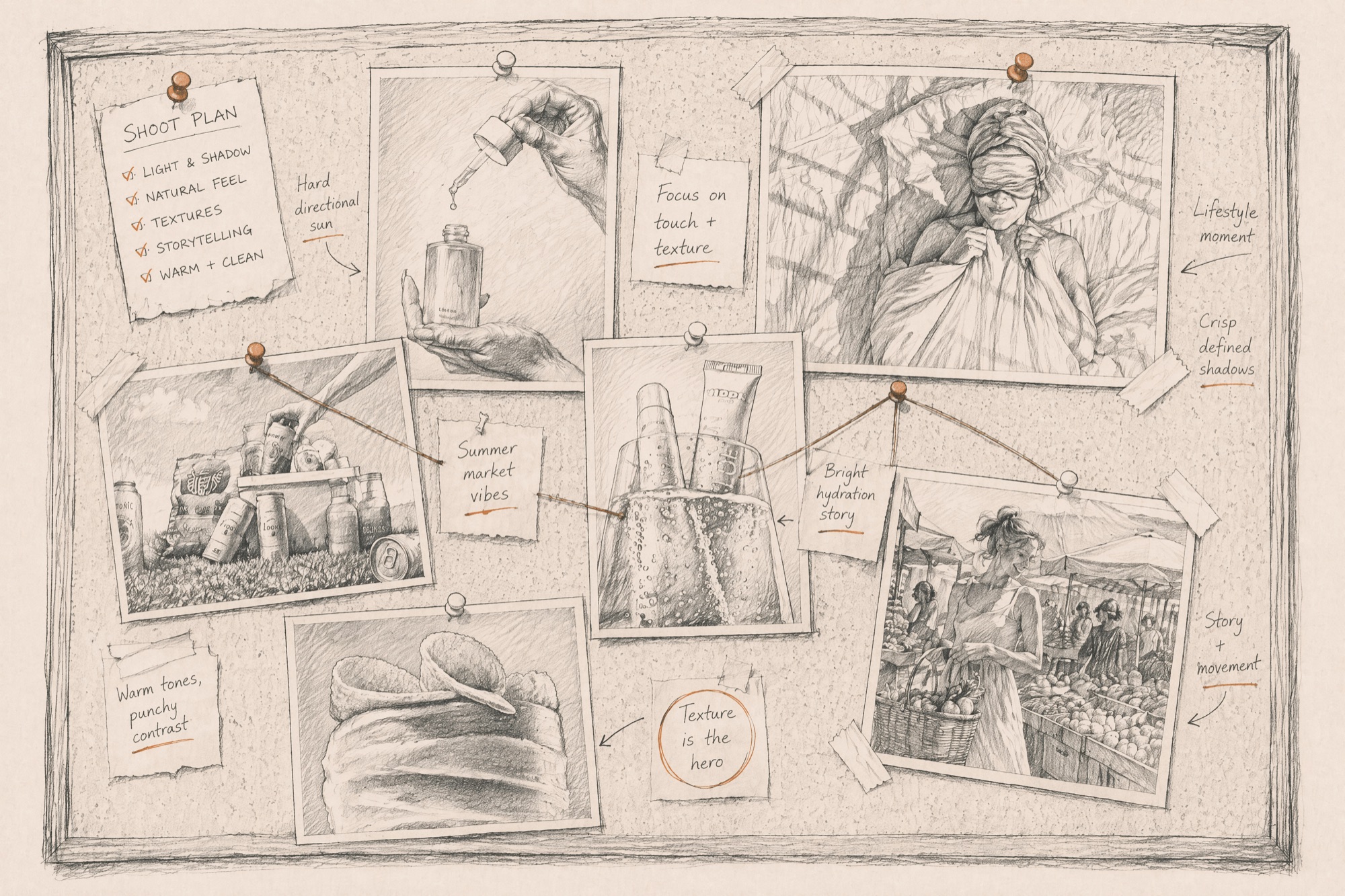 A hand-drawn pinboard: photos from a Direction Kit pinned up as a shoot plan, with notes on hard directional light, texture and story