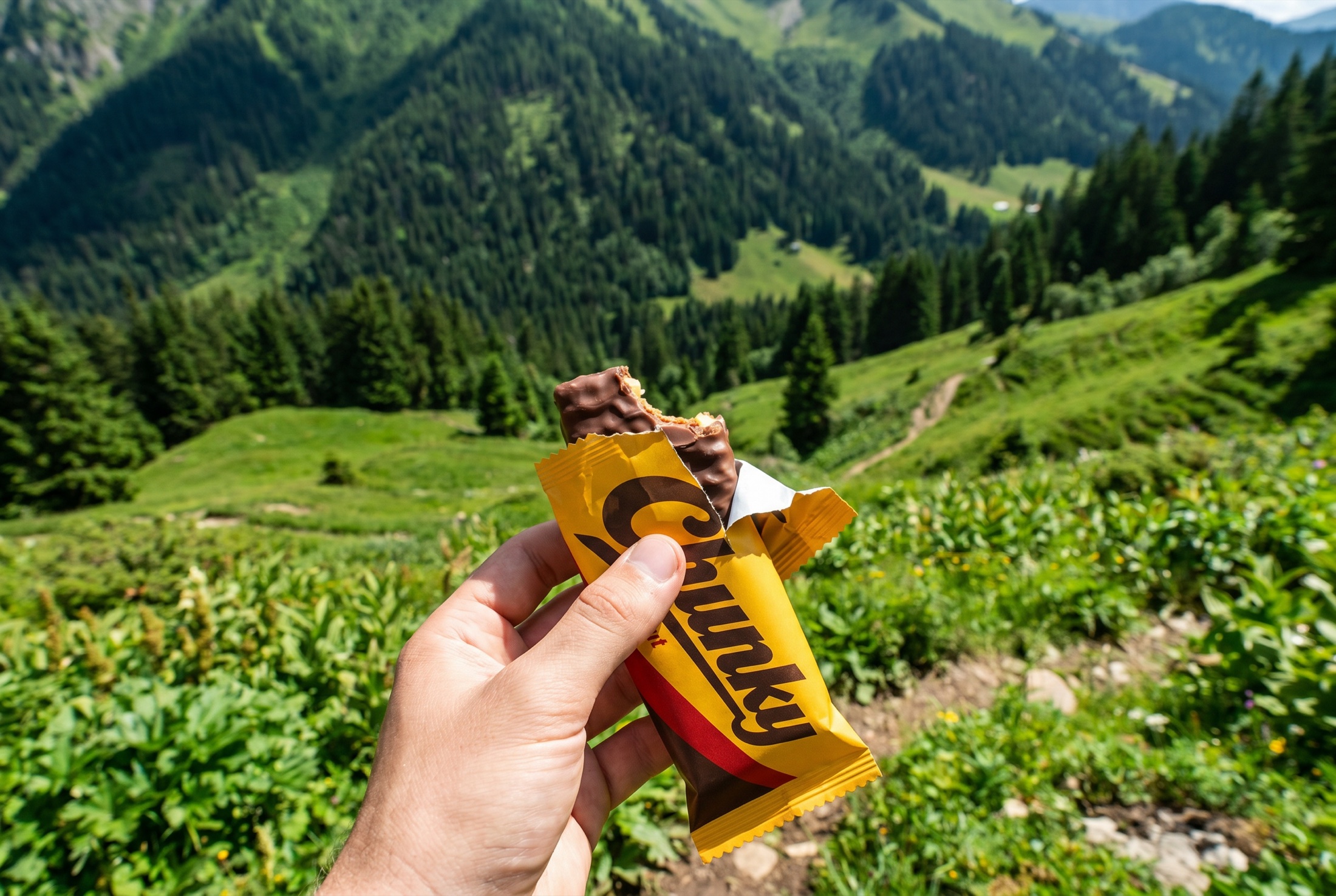 A bitten Chunky bar held over a green mountain landscape