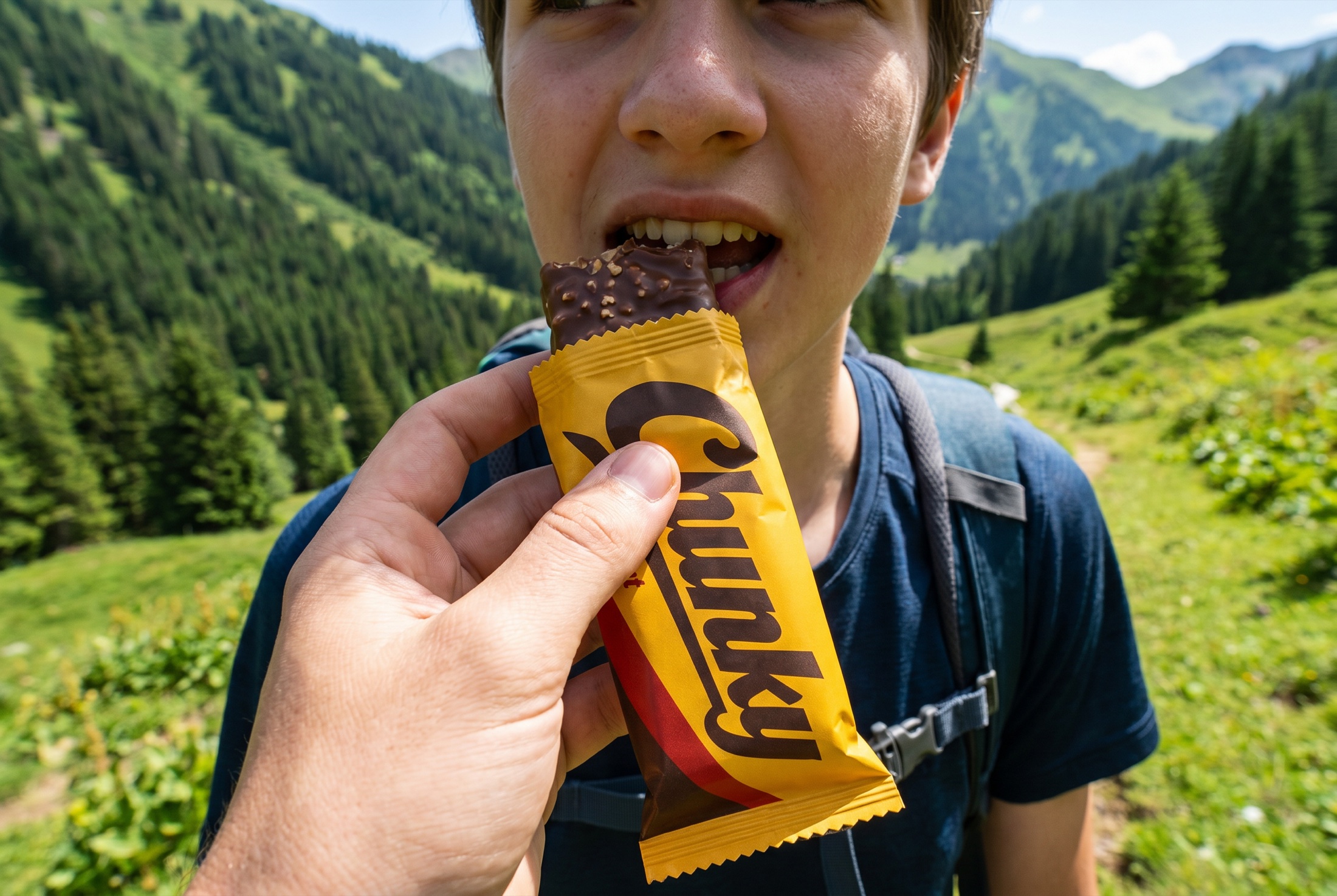 A hiker biting a Chunky bar on a mountain trail