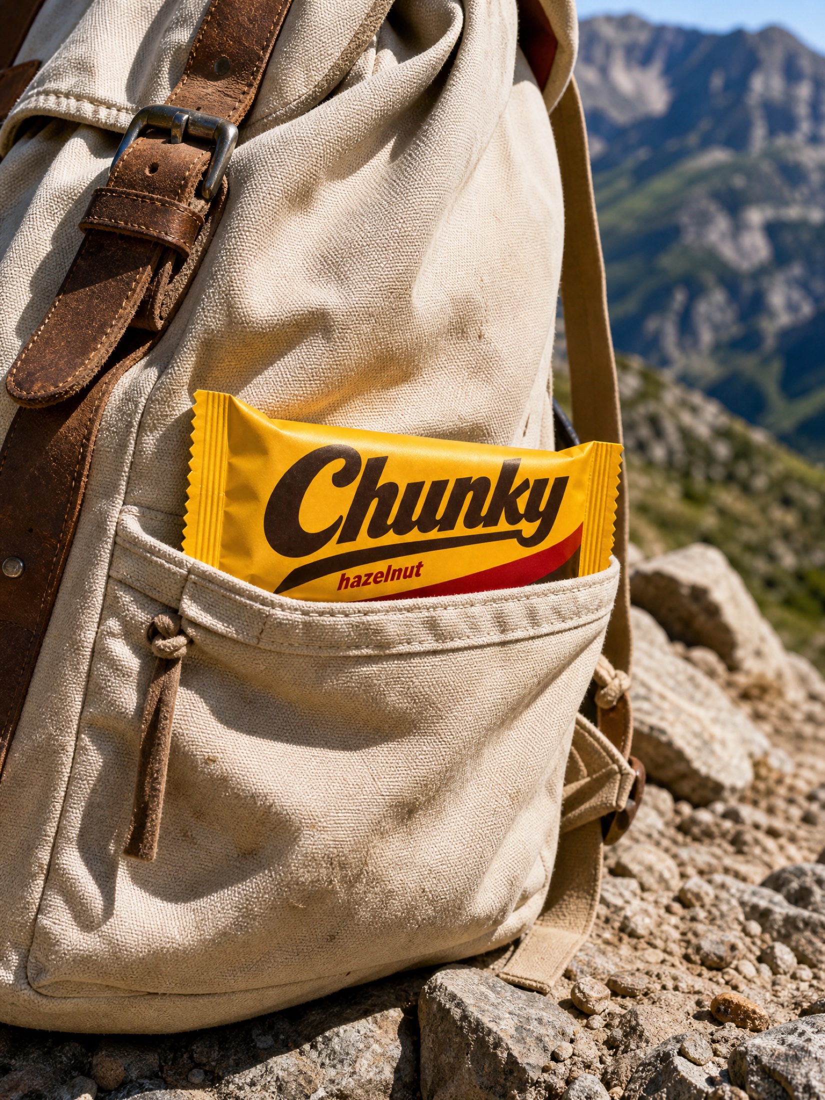 A Chunky bar carried in the side pocket of a hiking backpack