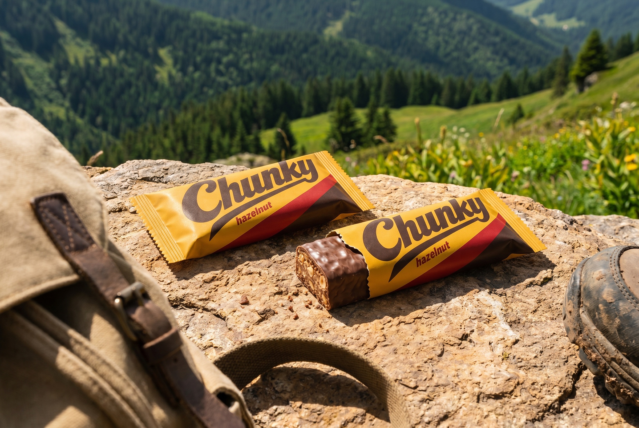 Opened Chunky bars resting on a trail rock beside hiking gear