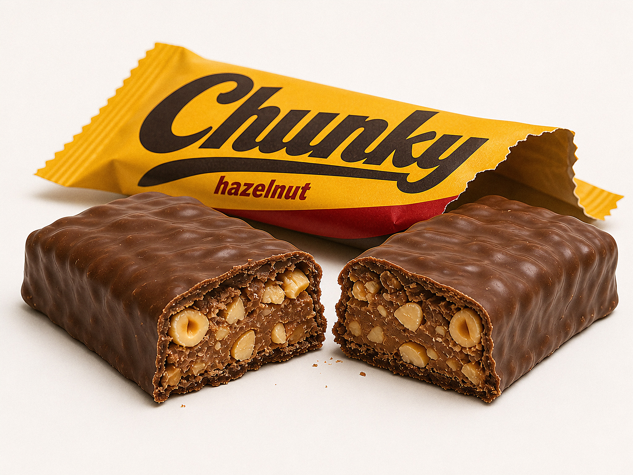 Opened Chunky bar showing its chocolate and hazelnut interior