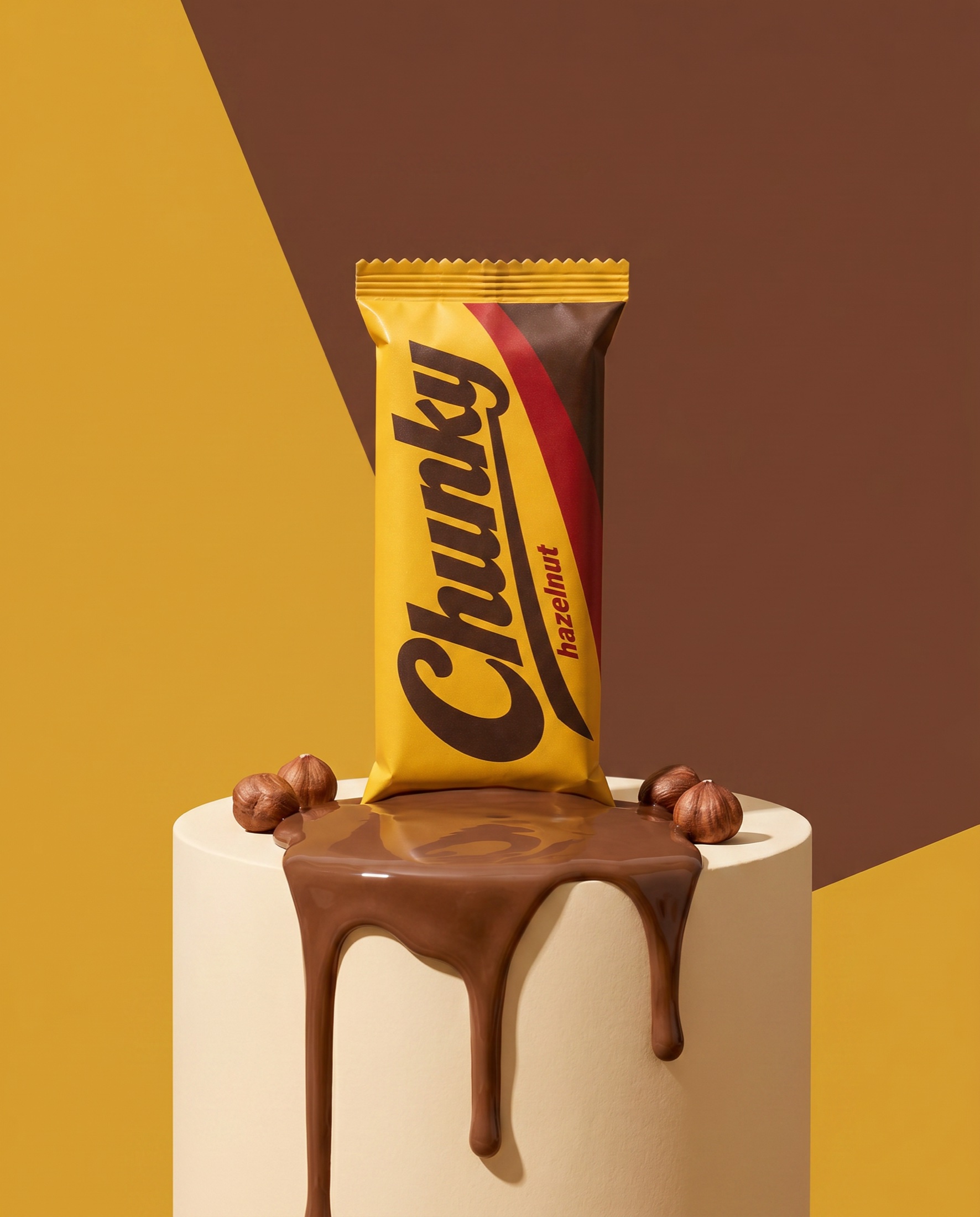 Chunky bars on a neutral plinth with melting chocolate
