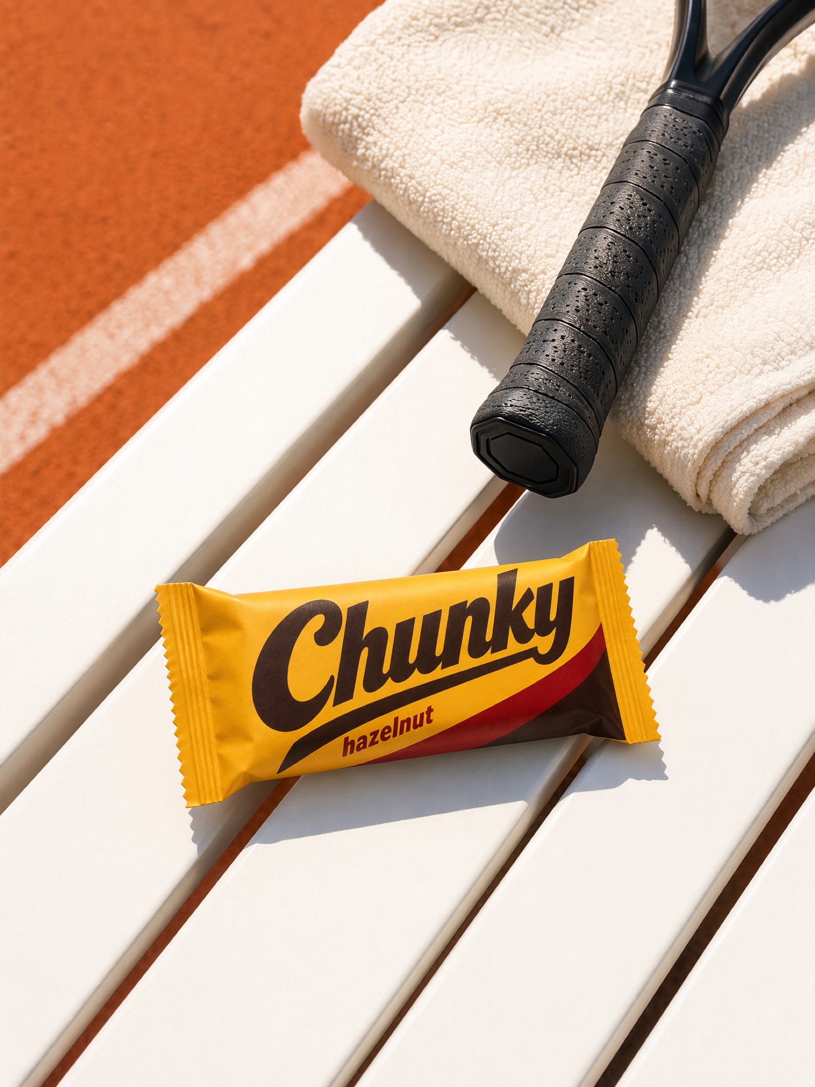 A Chunky bar on a bench beside a clay tennis court