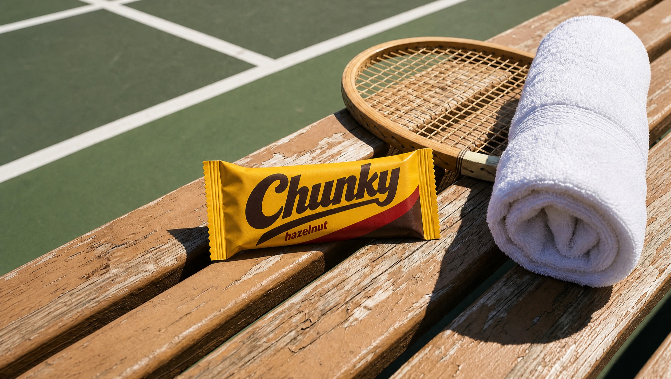 A wide tennis bench scene with Chunky beside a racket