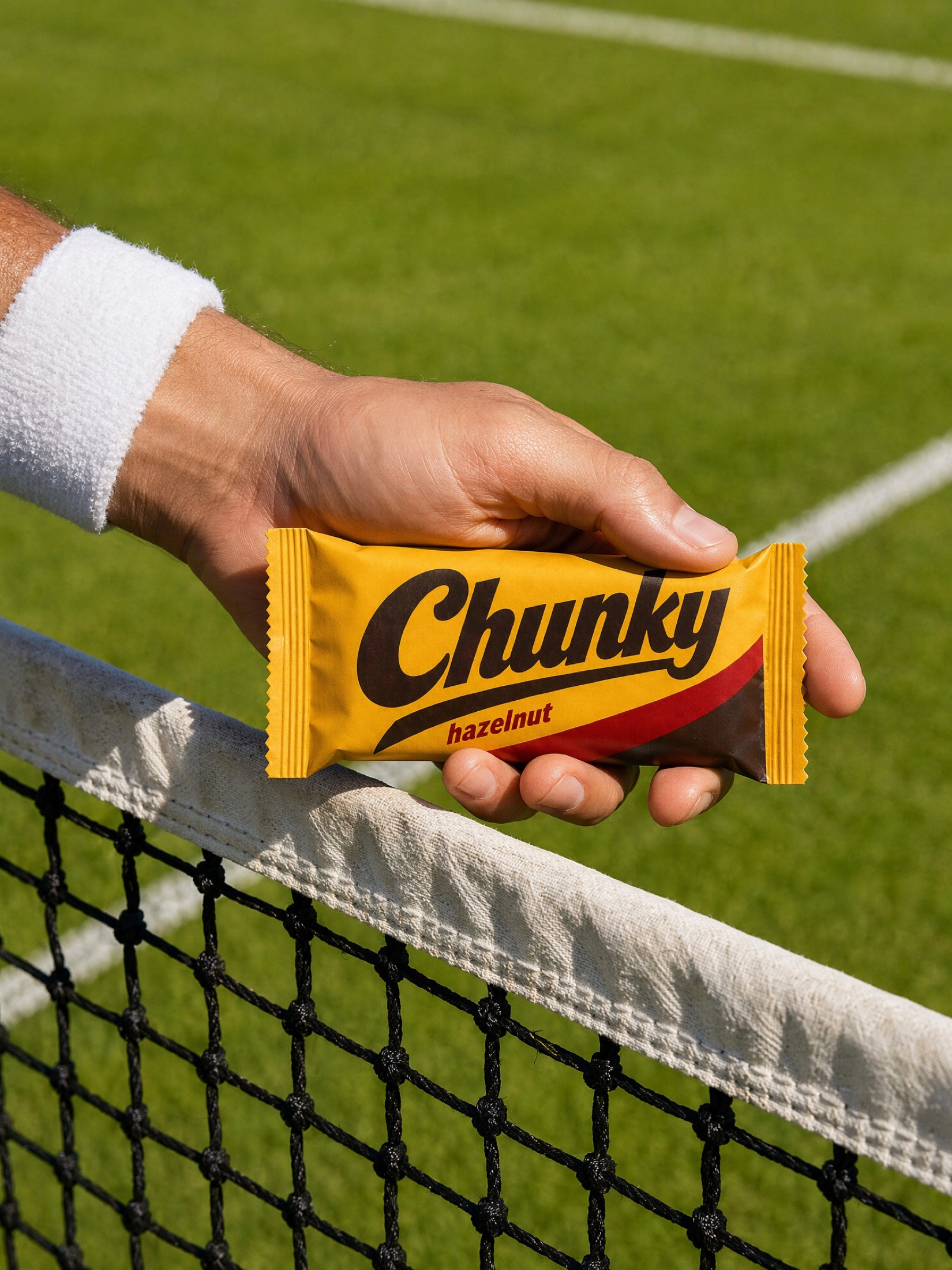 A hand holding a Chunky bar on a grass tennis court