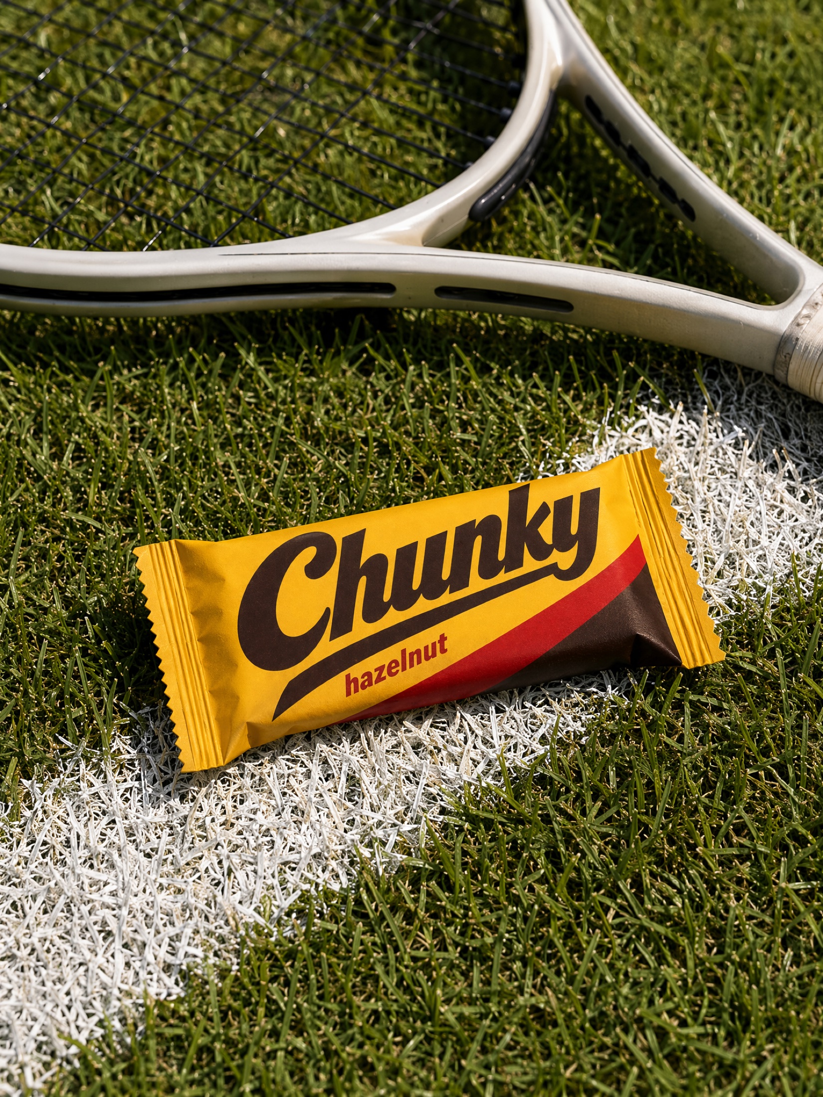 A Chunky bar held beside a racket on a grass tennis court
