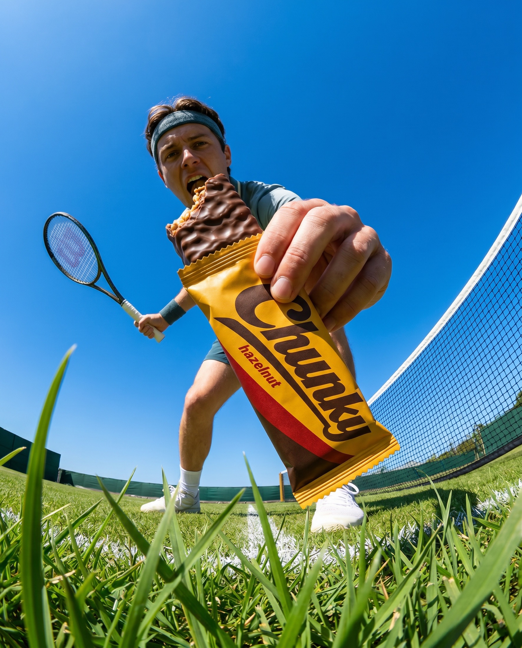 A tennis player biting a Chunky bar from an extreme low angle on court