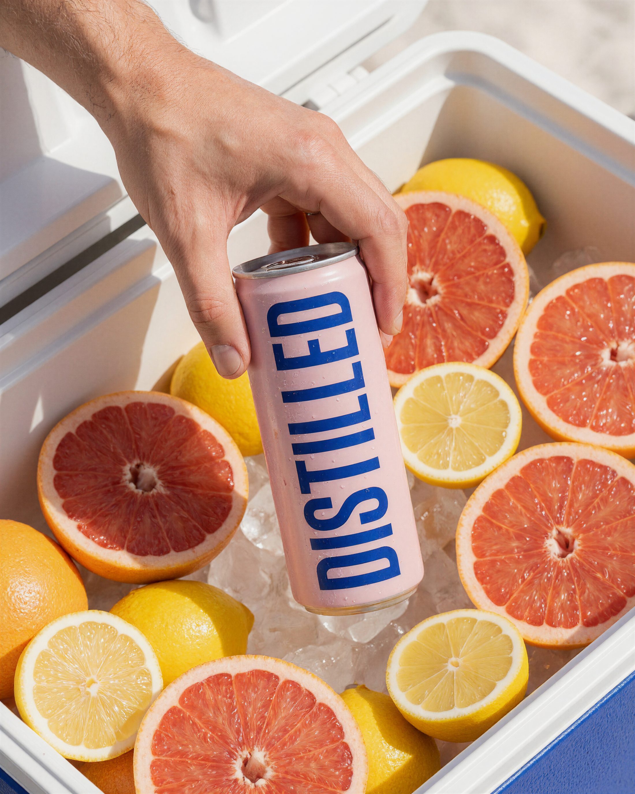 A hand lifting the can from a cooler packed with halved grapefruit and lemons