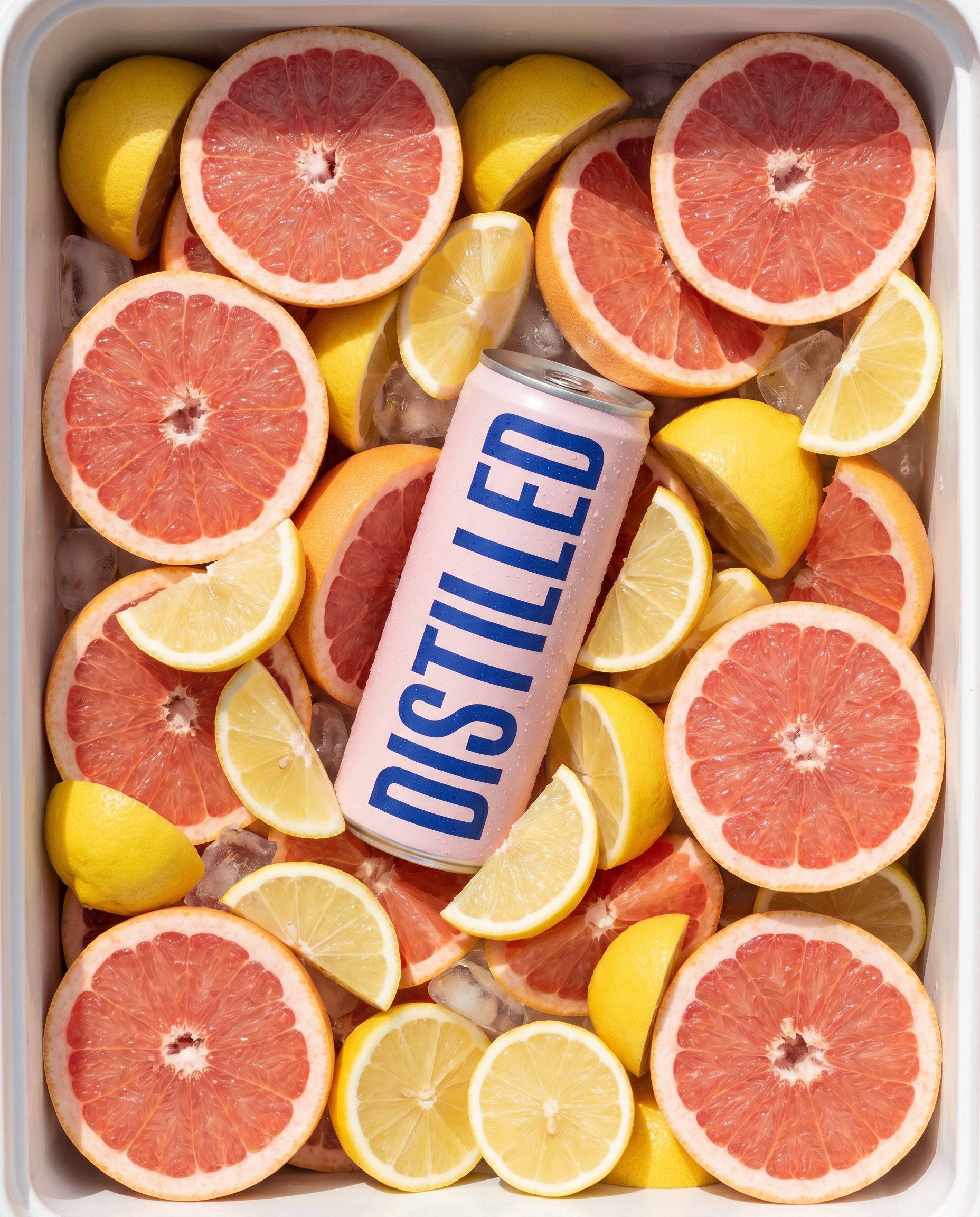 A top-down tray packed with grapefruit and lemon halves, the can nestled in