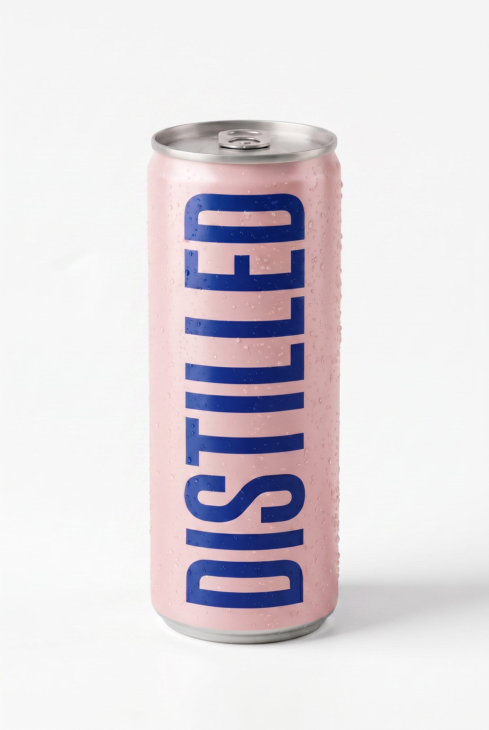 Front view of the Distilled can, wordmark legible, on white