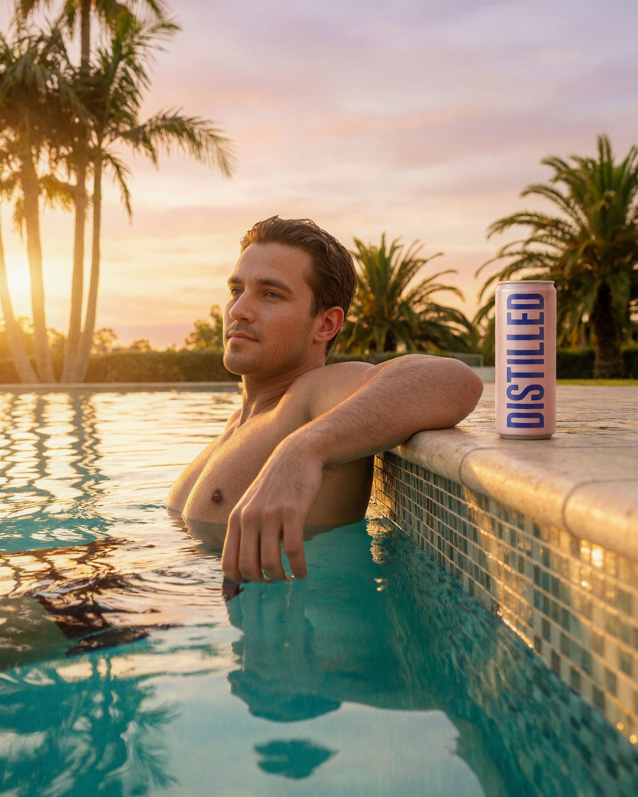 A man relaxing in a pool at sunset, the can resting on the edge