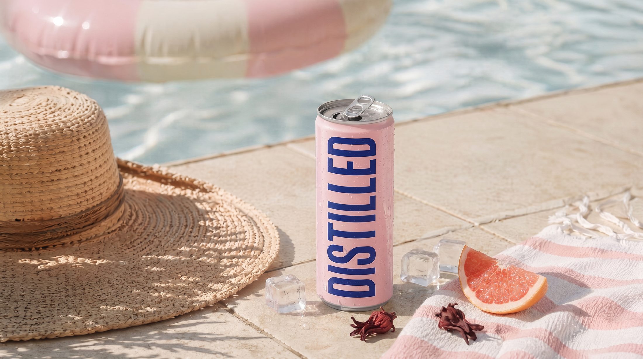 The can at a tiled poolside edge with a straw hat and a life ring