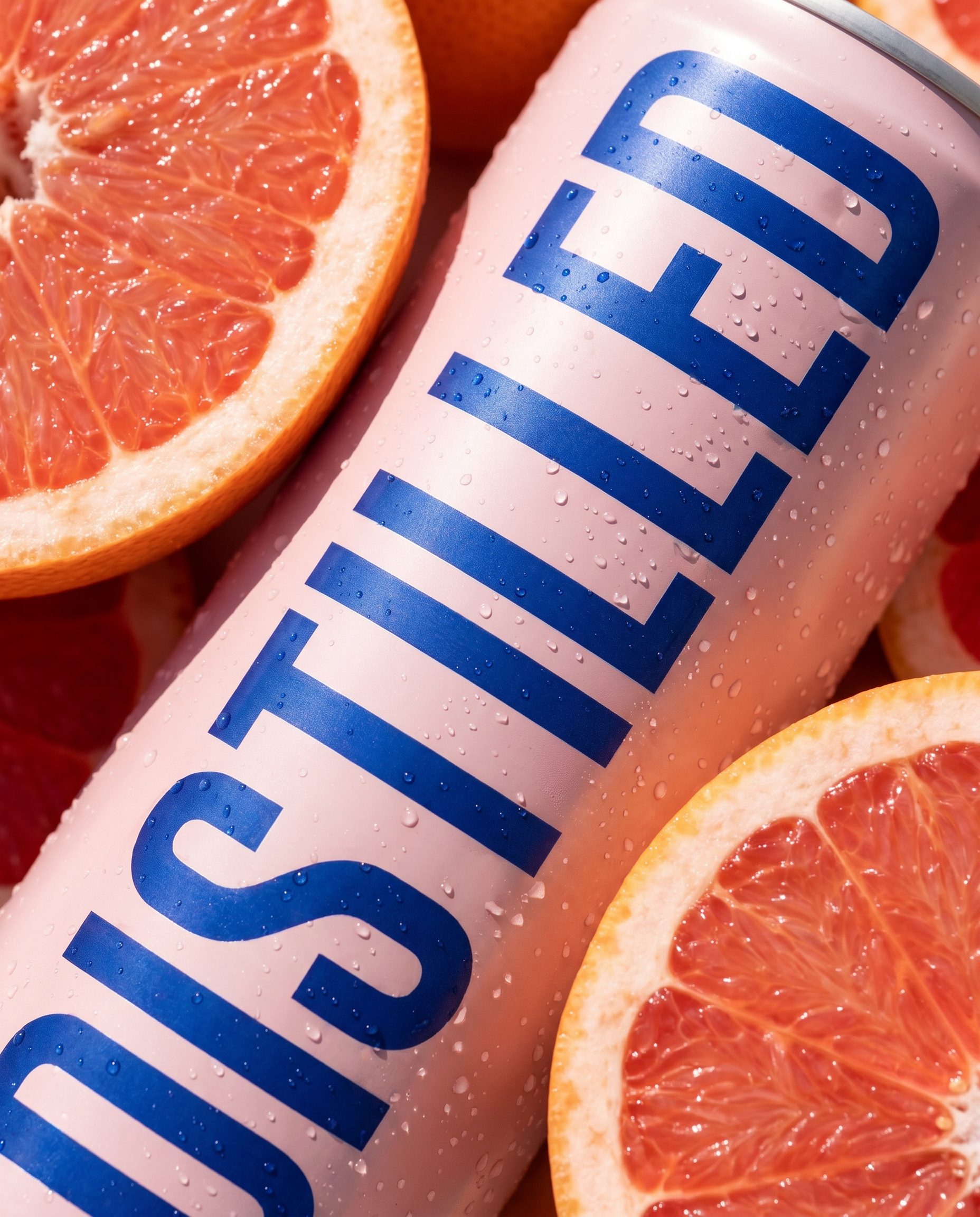 The can lying on warm sand among fresh grapefruit slices