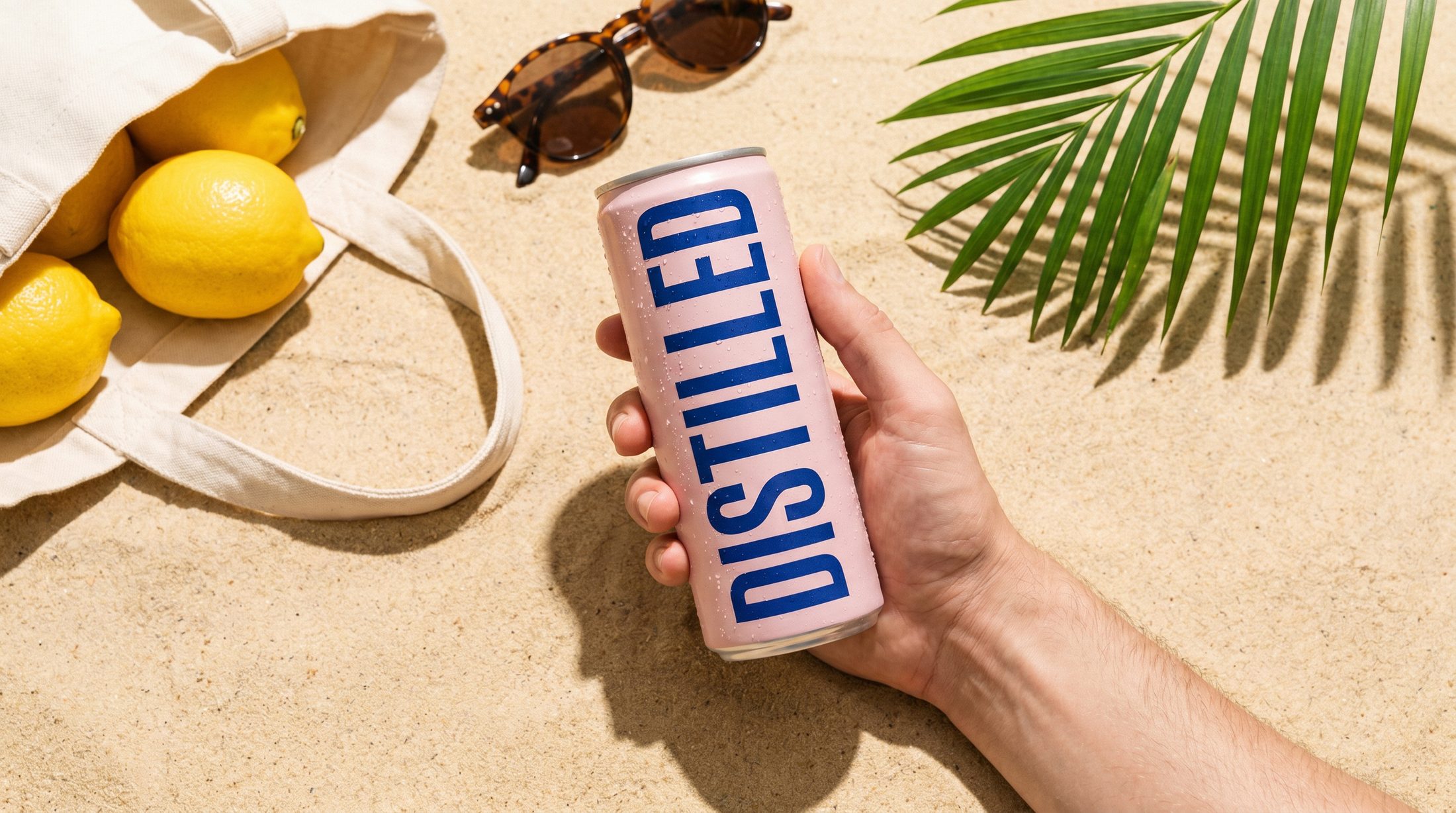 The can held on a sunny beach with lemons, a canvas bag and sunglasses