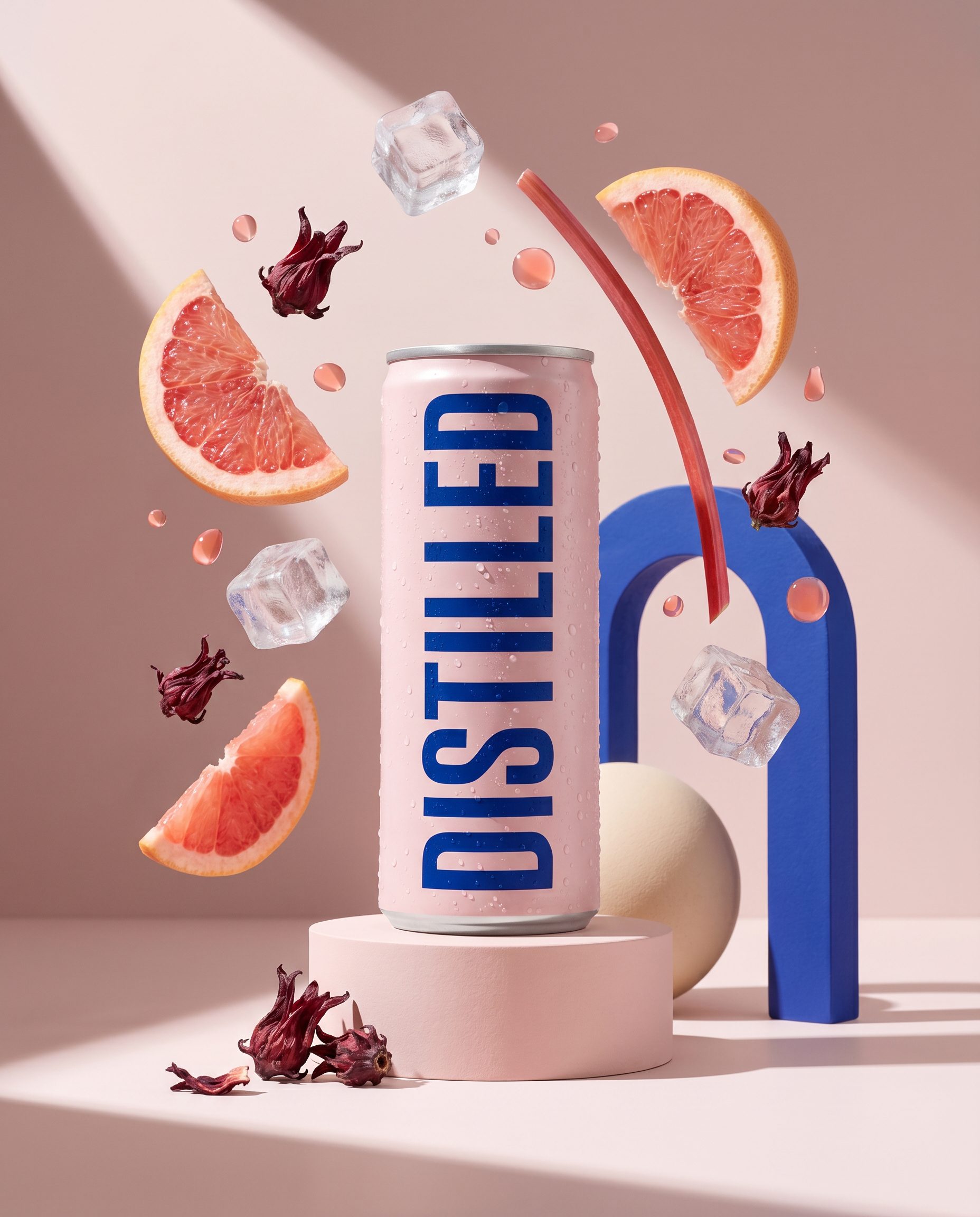 The can on a pink plinth with geometric props and ingredients suspended in mid-air