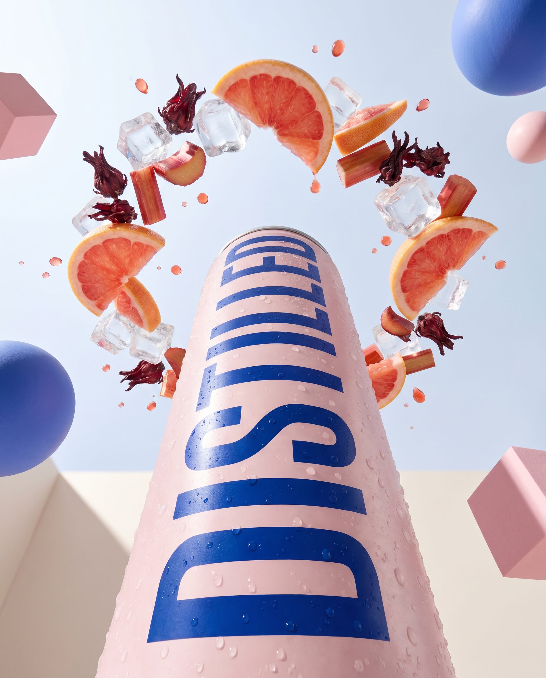 A studio hero shot from below, the can framed by a ring of floating grapefruit, ice and hibiscus