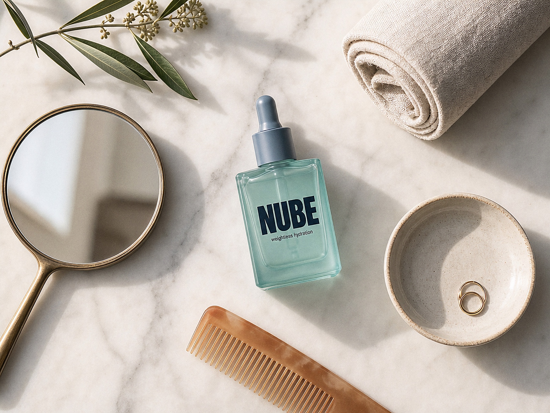 A clean vanity flat-lay with the serum