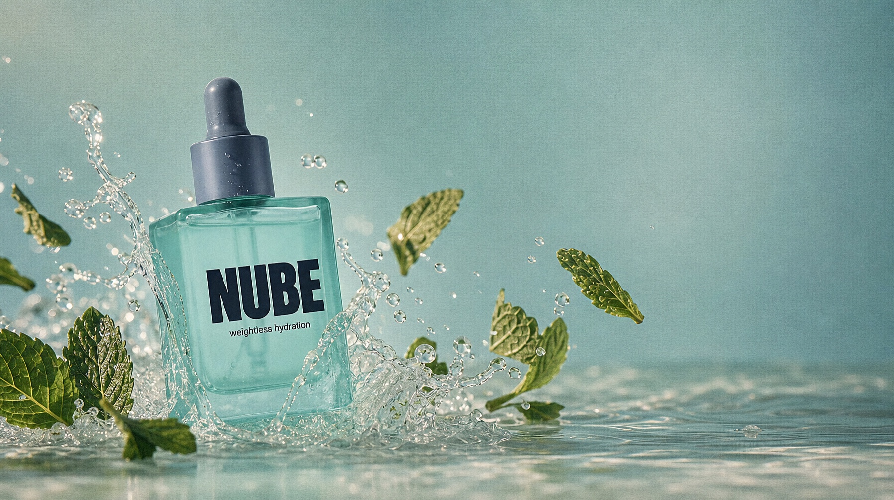 The bottle in a splash of water and mint