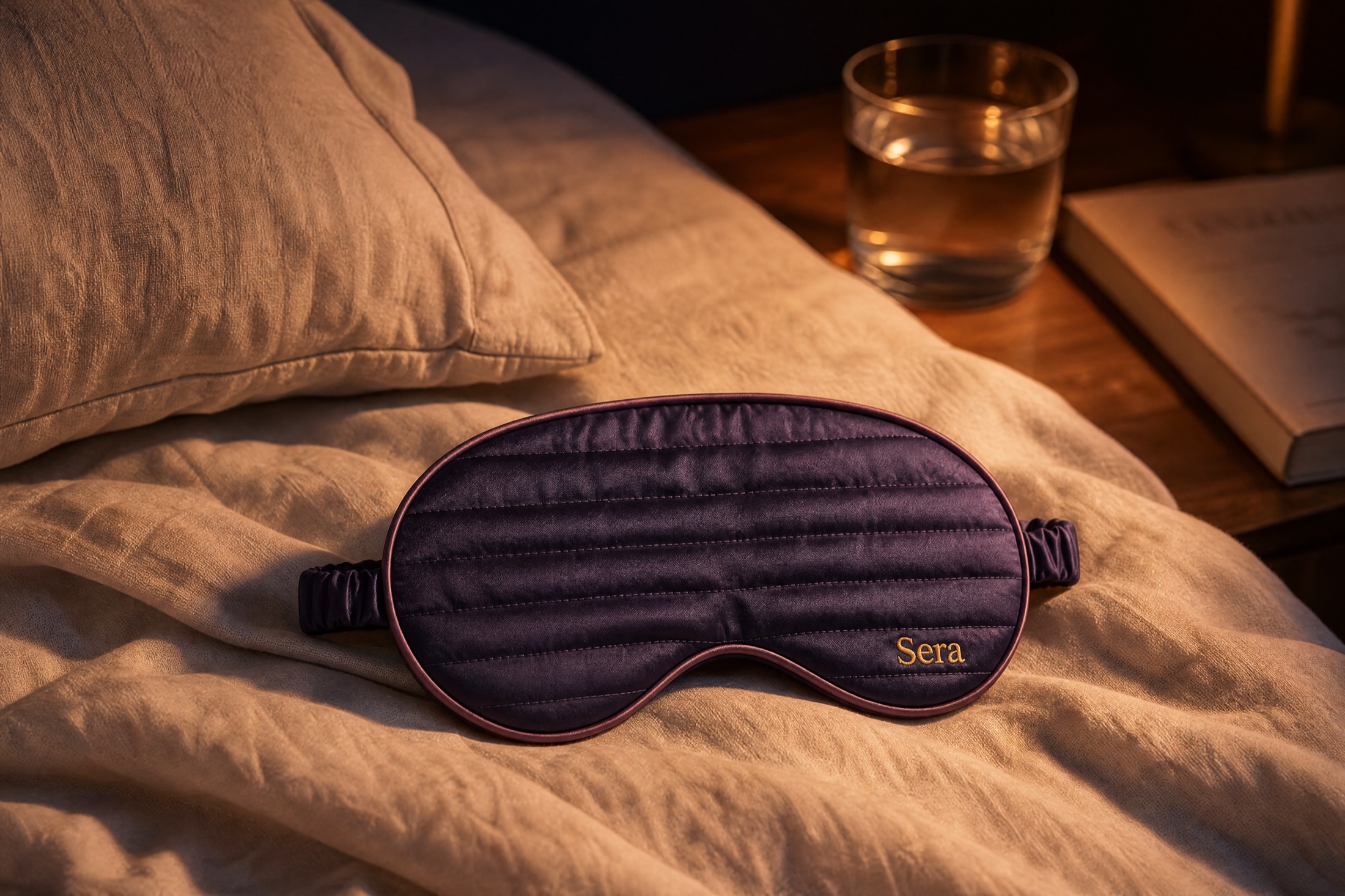 The Sera mask on turned-down linen by a warm bedside lamp, water and a book nearby