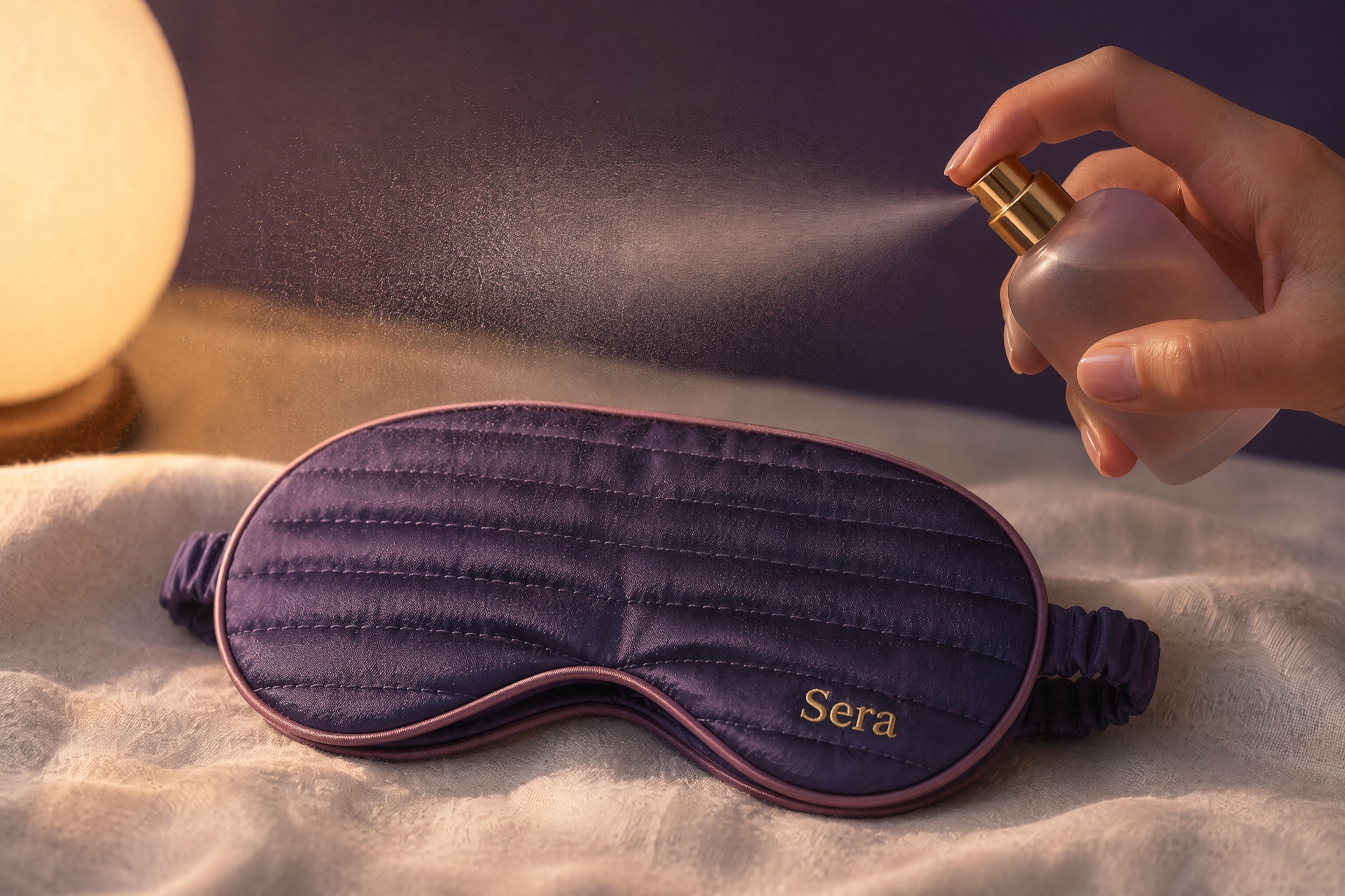A hand spritzing the pillow mist over the folded mask in warm light