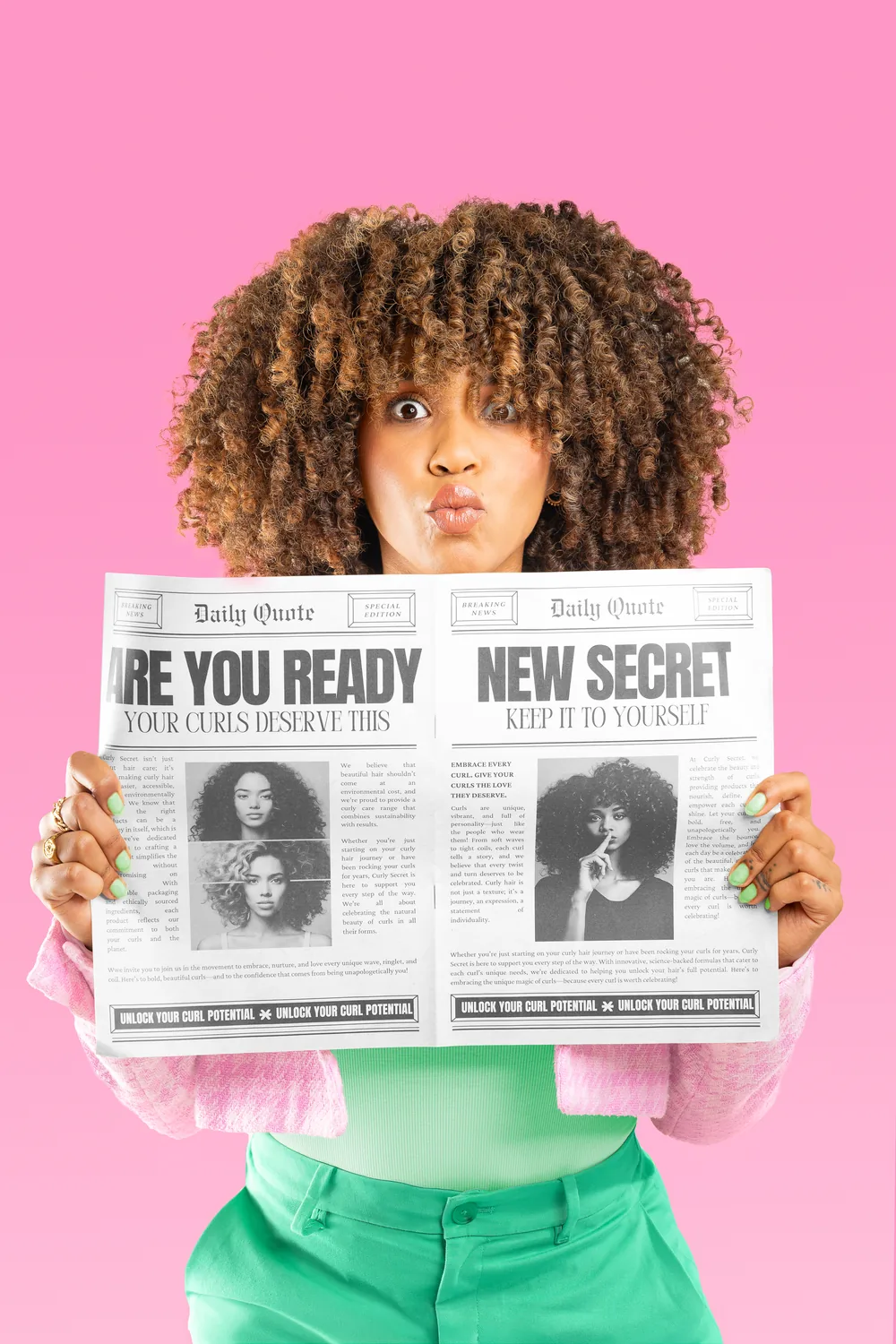 Woman with curly hair holding a newspaper spread about hair care against a pink background.