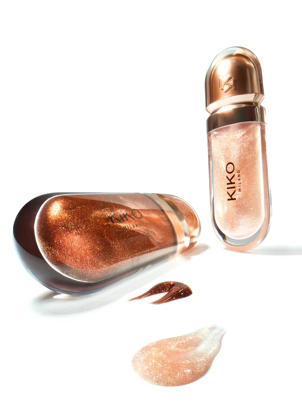 KIKO Milano lip gloss in a rose gold case beside a glossy peach swatch on white.