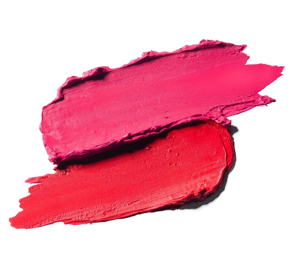Two thick lipstick swatches, one crimson and one pink, drawn side by side on white.
