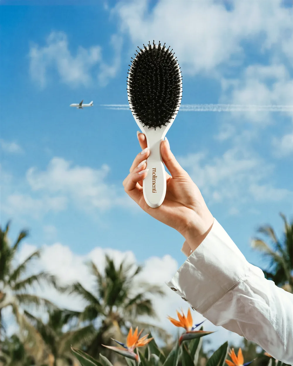 Hand holding a Molimenti hairbrush up against a blue sky with palm leaves and clouds.